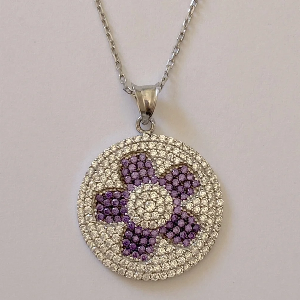 925 Silver purple flower round cz stones necklace